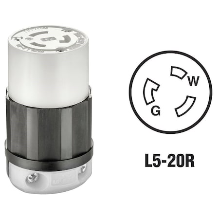 Leviton Locking Connector, L5-20R, 20 A, 125V AC, Single Phase, 2 Pole, Screw Terminals, Black, White 121-02313-0PB